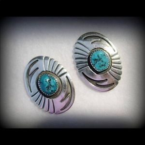 Vintage JERRY COWBOY NAVAJO Native American turquoise overlay sterling earrings